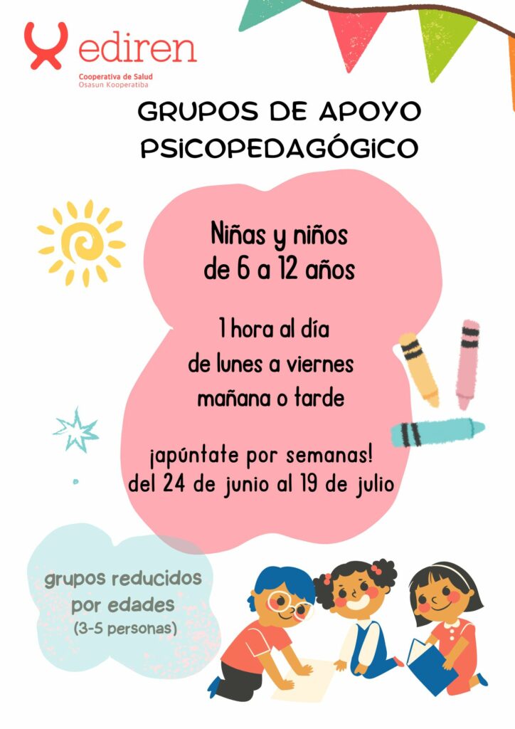 Ediren propone para este verano, grupos reducidos por edades para niños y niñas de 6 a 12 años, de apoyo psicopedagógico.